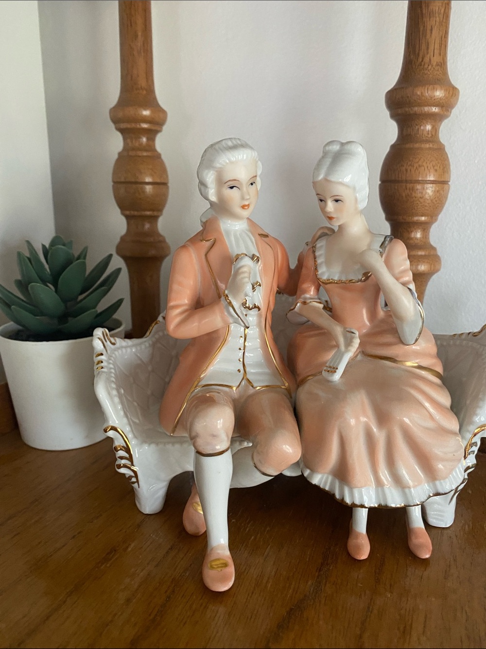 Elegant Peach Porcelain Couple Sculpture